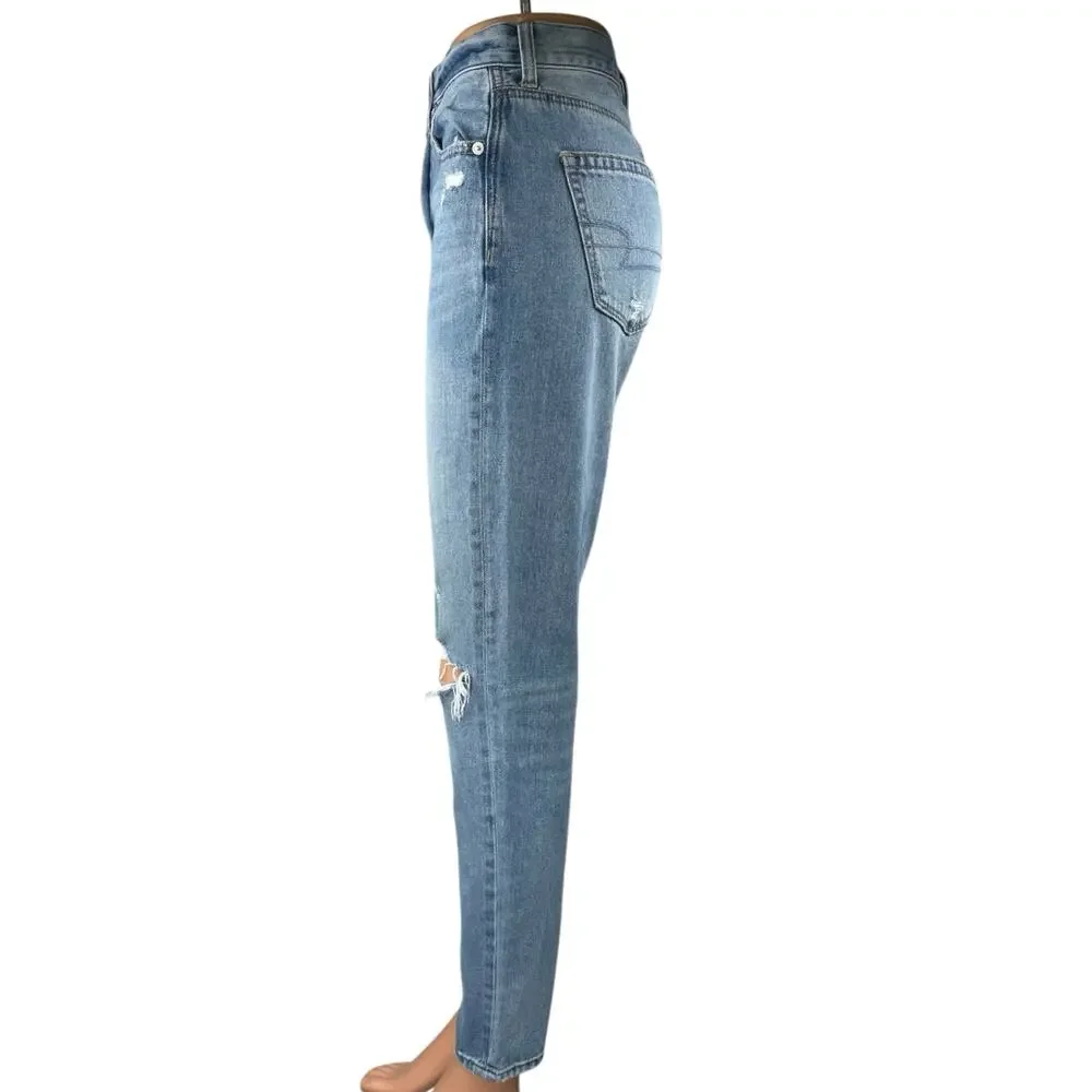 American Eagle Blue Distressed High Waisted Straight Denim Jeans Size 2 Long